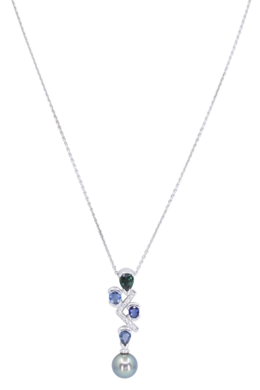 COLLIER CENTRE SAPHIRS, DIAMANTS ET PERLE, photo 2 sur 3